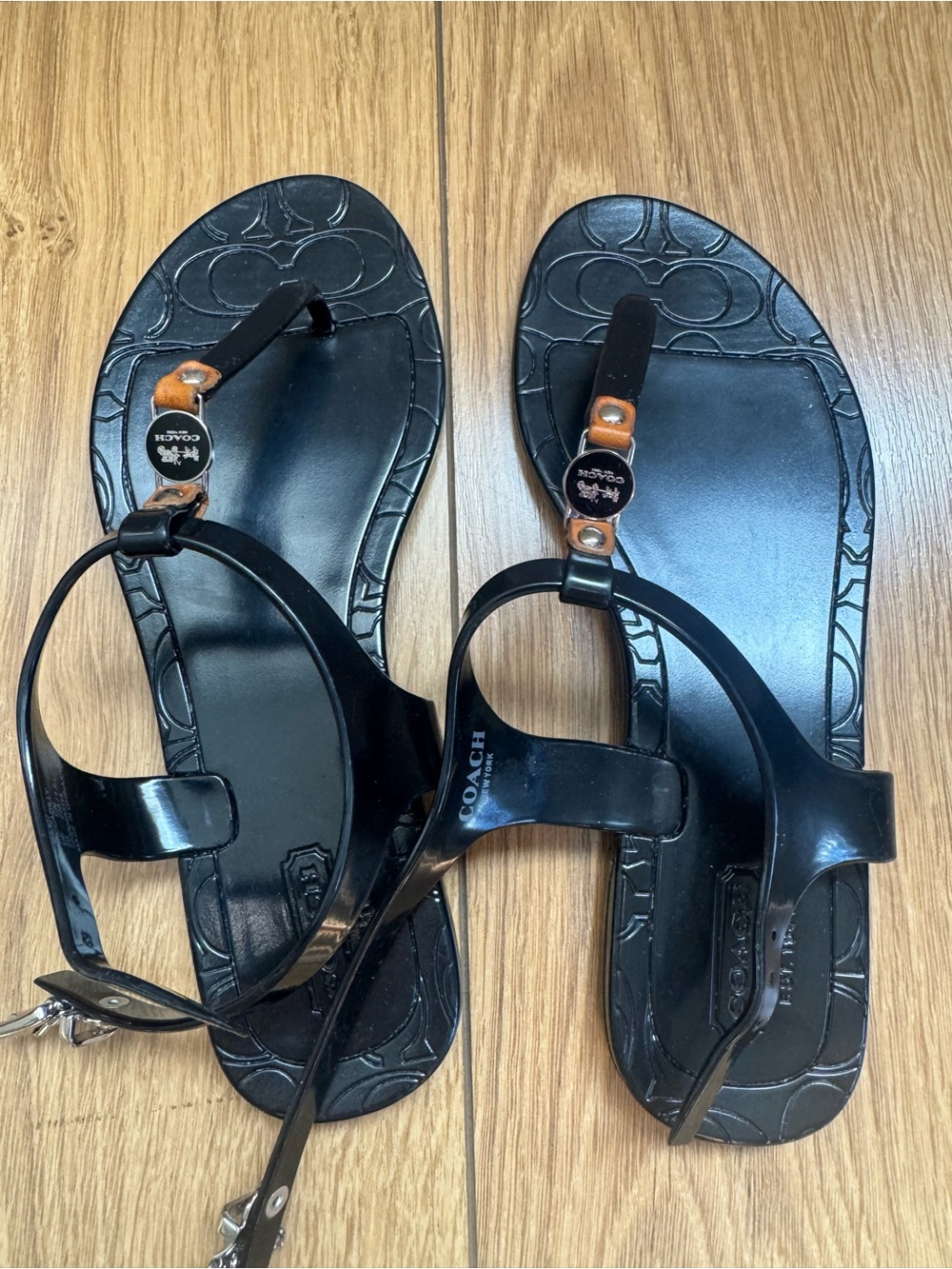 Coach Black Patent Leather T-Strap Sandals with Tan Accents
